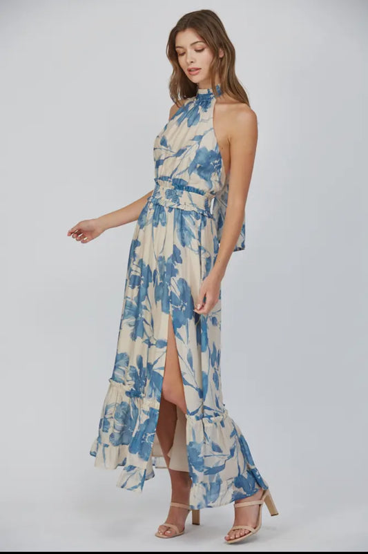 FLORAL PRINT HALTER MAXI DRESS